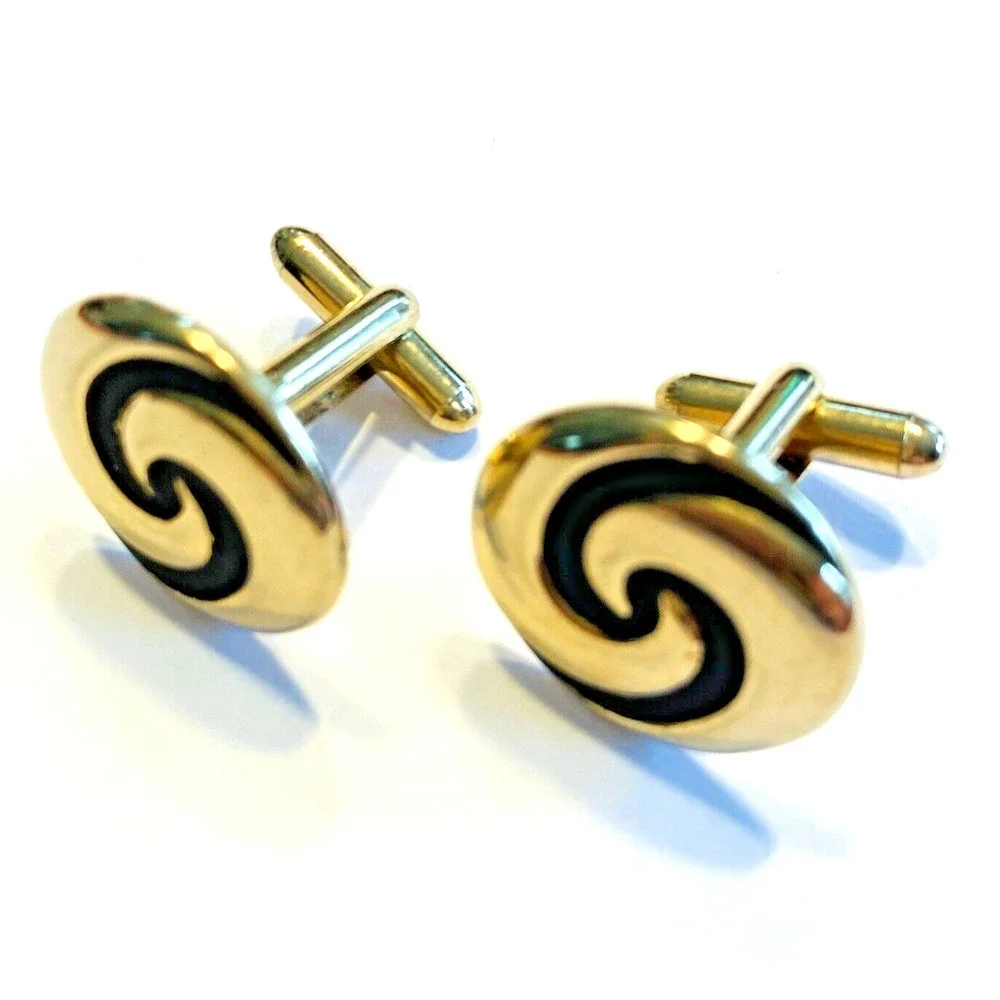 Vintage Mid Century Cufflinks Classic Mod Design Goldtone & Black Finish Swirls